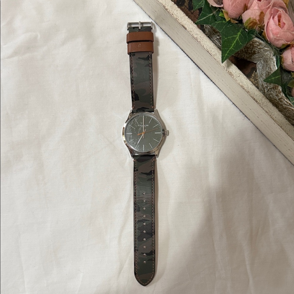 Coach Womens Watch with Camouflage Leather Strap and Gray Dial